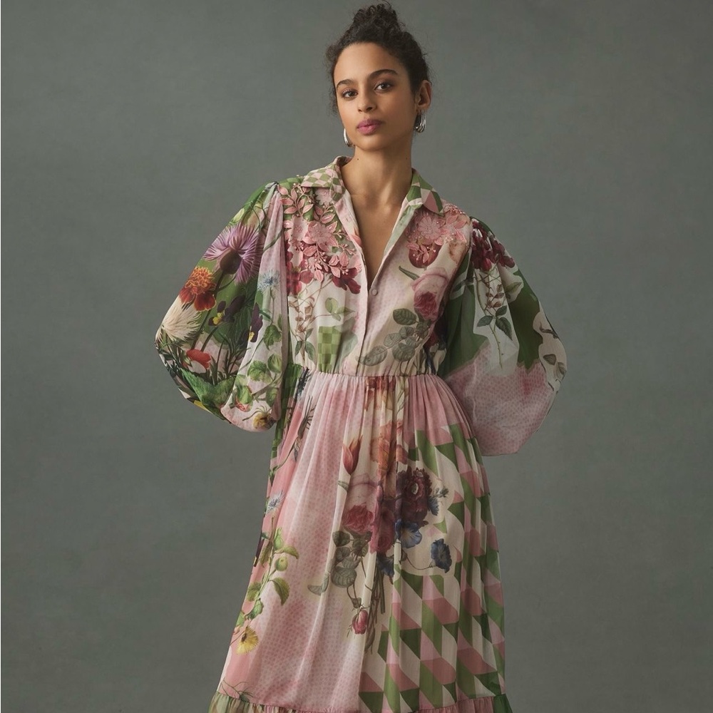 Floral Pink Maxi Dress with Statement Sleeves